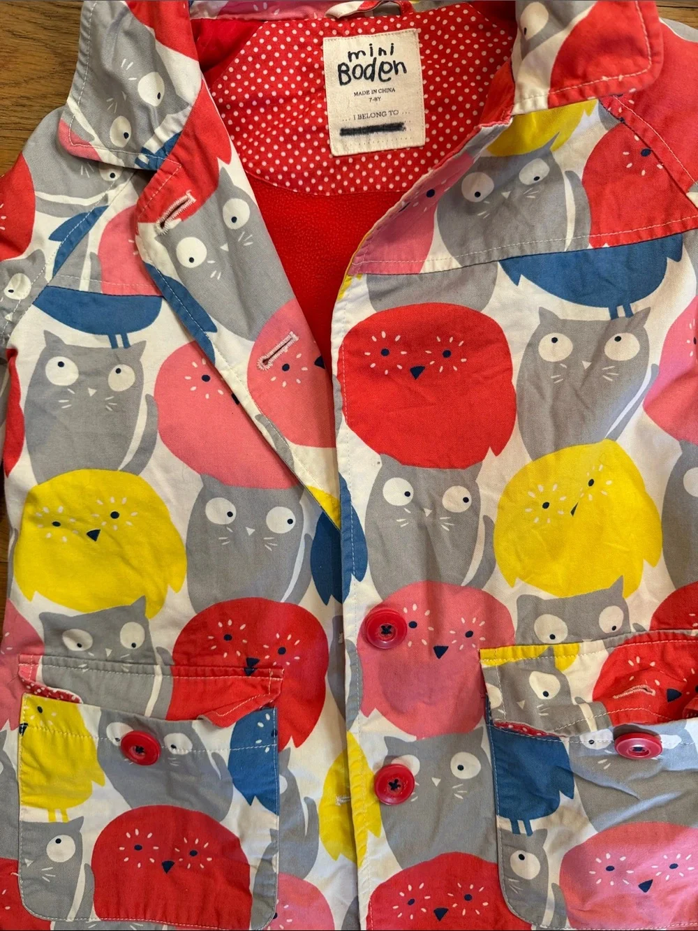 Mini Boden Girls' Owl Print Raincoat in Red, Yellow, Blue, Pink and Gray
